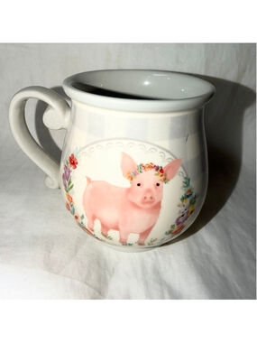 Pioneer Woman 16 Oz Grey Gingham Country Farm Pink Pig Design Pot Belly Mug